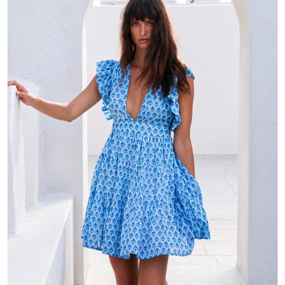 Oliphant Cross Back Flutter Sleeve Floral Mini Dress Blue Fern Size Medium